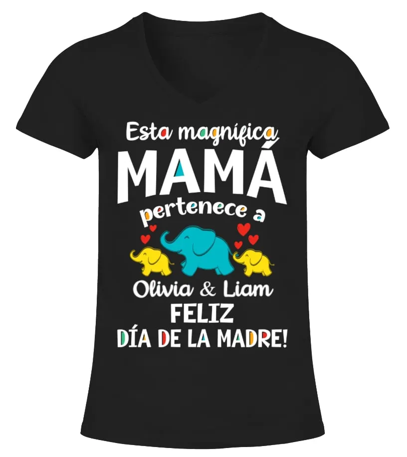 Esta magnifica mamá pertenece a Olivia & Liam. Feliz día de la madre ! Camiseta cuello pico Mujer