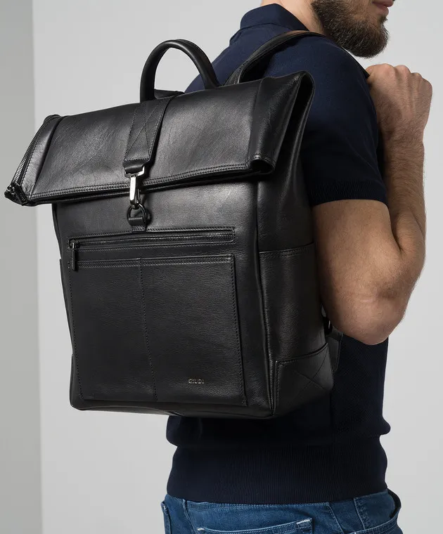 GIUDI Black leather backpack with logo