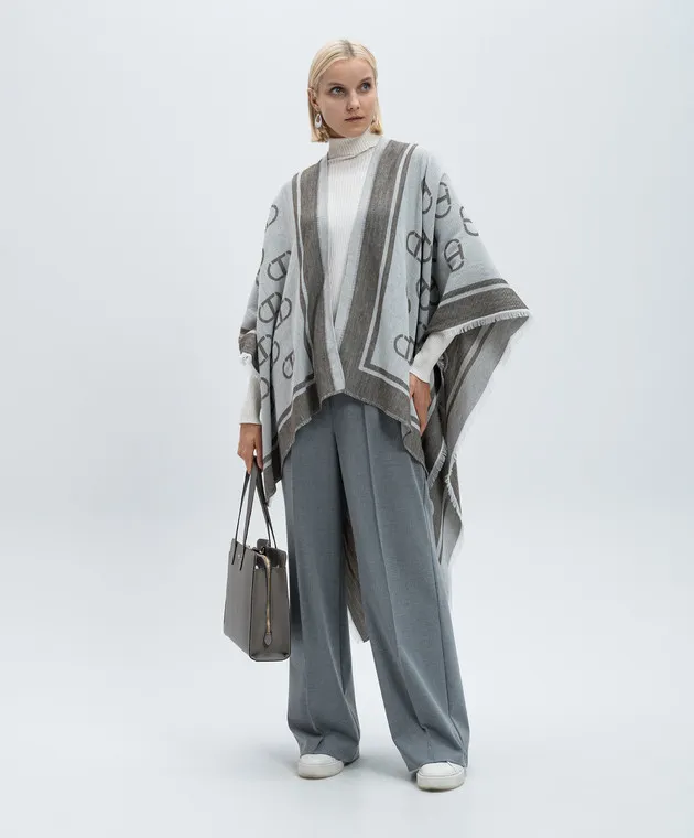 Twinset Gray poncho with logo pattern