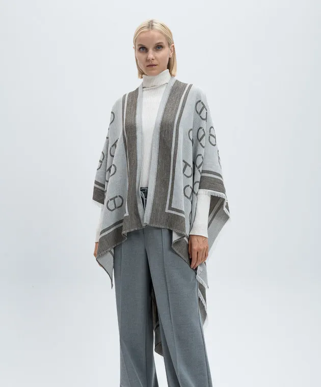 Twinset Gray poncho with logo pattern