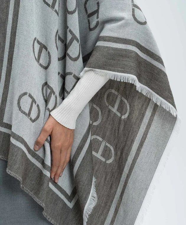Twinset Gray poncho with logo pattern