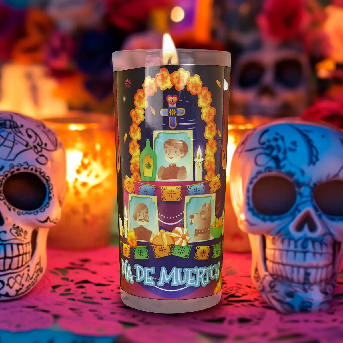 Veladora con Diseo de Altar para Día de Muertos